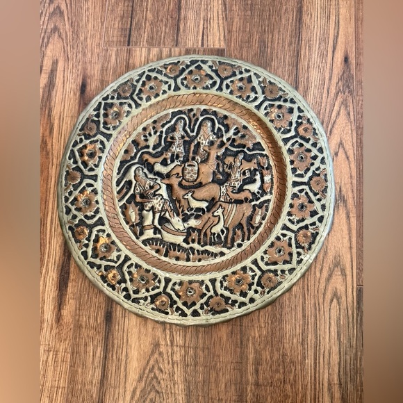 Vintage Persian Hand Hammered Copper Tinned Wall Hanging Plate Dish Tray - Picture 1 of 8